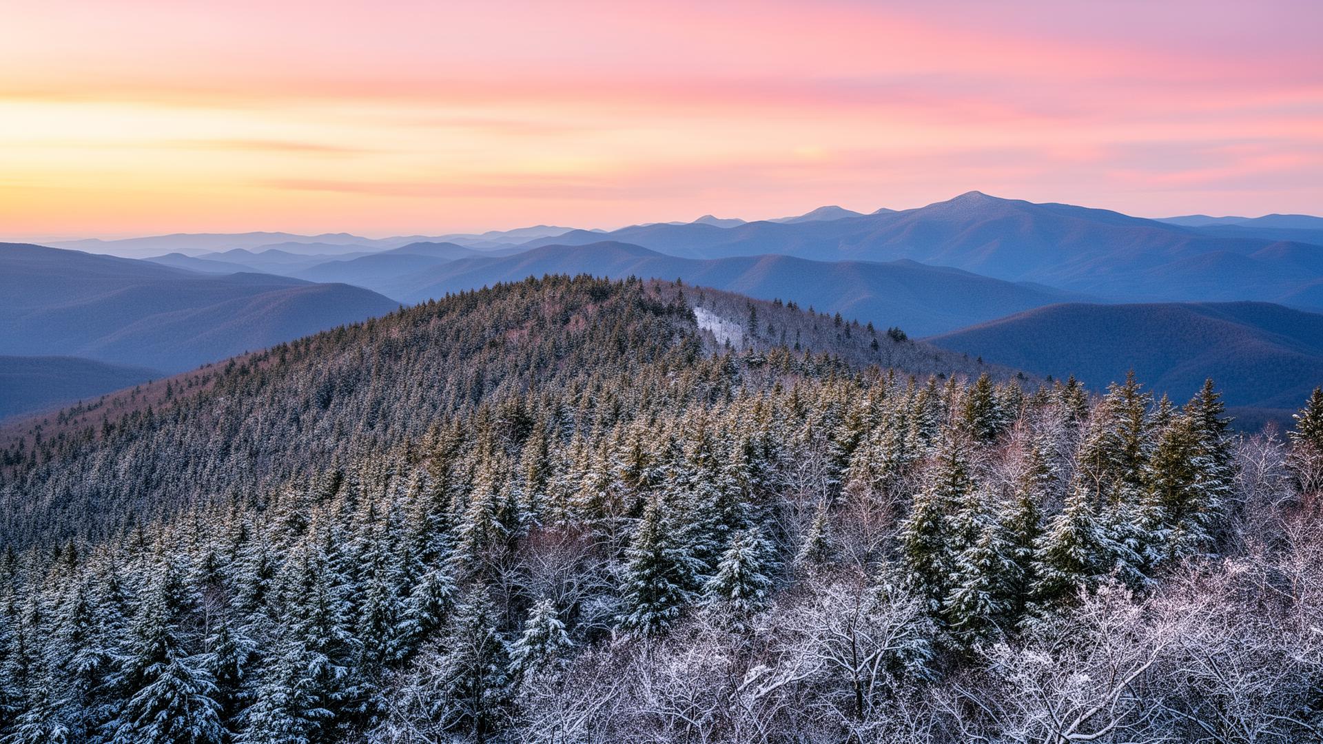 Snow-dusted ridgeline at Beech Mountain in Avery and Watauga Counties