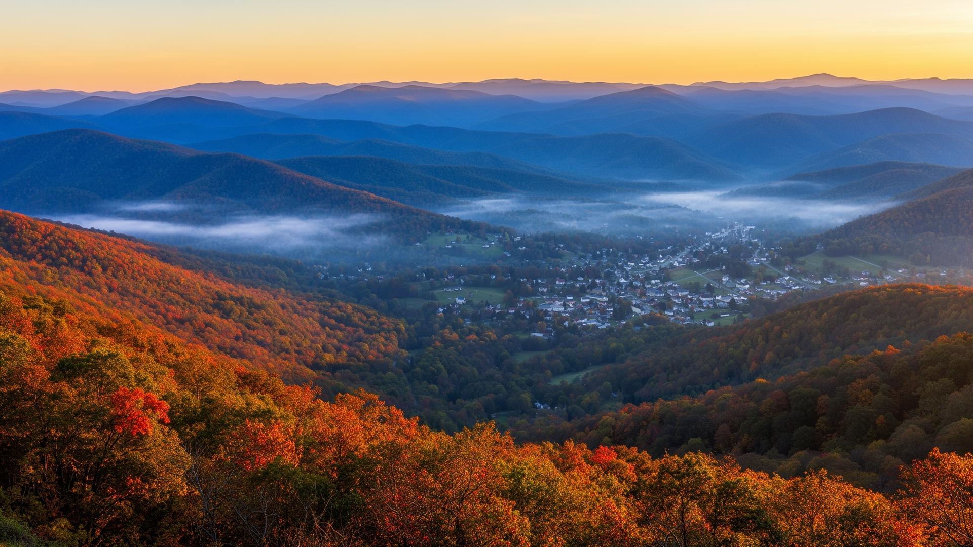 Sunrise over West Jefferson from Mount Jefferson in Ashe County